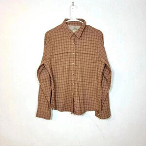 LL Bean Shirt Women L Roll Tab Mesh Lined Long Sleeve Zipped Pocket Orange Plaid